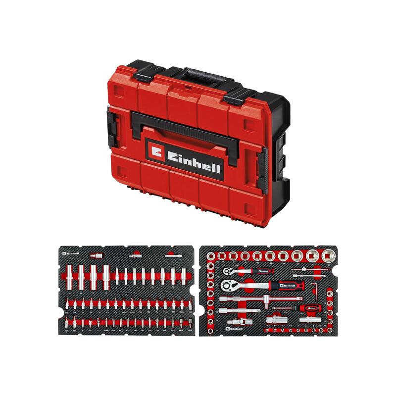 Original Einhell Maletín Herramientas Taller E-Case 92 Piezas (Equipo, Casquillos De Coche, Boquillas, Trinquete, T-Mango, Sistema E Case)