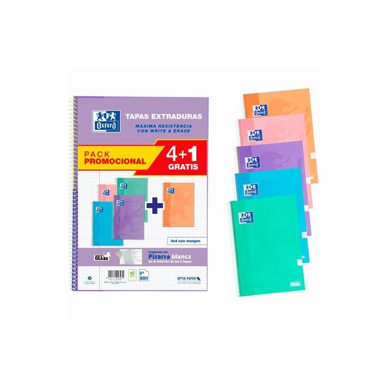 Oxford Cuaderno Espiral Write&Erase Folio 80h 4x4 C/Margen T/Extraduras C/Surtidos Pastel Pack De 4+1
