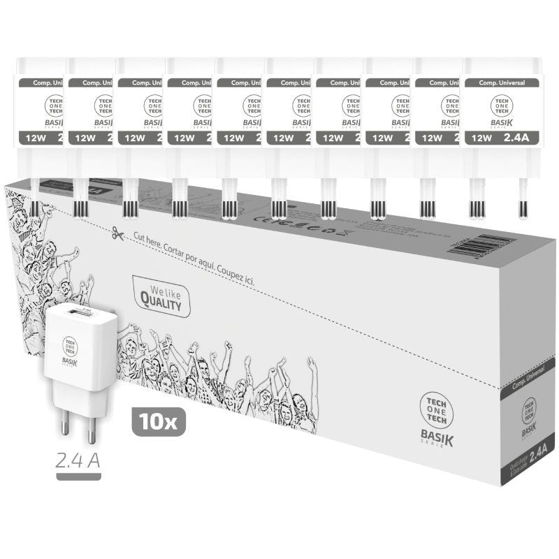 Pack 10 Cargadores De Pared Tech One Tech Basik Tec2954 1xusb 12w