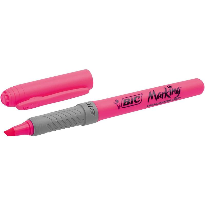 Pack 12 Unidades Bic Highlighter Grip Marcador Fluorescente - Tinta Con Base De Agua - Punta Biselada - Trazo Entre 1.60 Y 3.30 Mm - Color Rosa