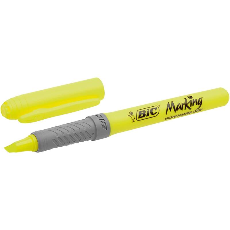 Pack 12 Unidades Bic Highlighter Grip Marcador Fluorescente - Tinta Con Base De Agua - Punta Biselada - Trazo Entre 1.60 Y 3.30 Mm - Color Amarillo