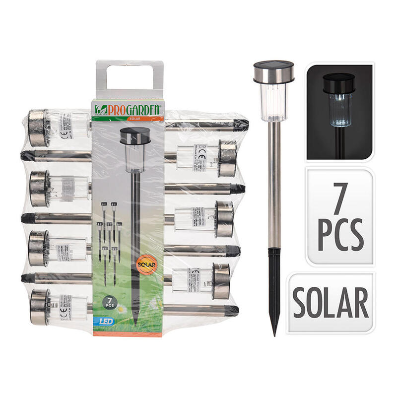 Pack 7 Estacas Solar De Jardin. Acero Inoxidable. 1 Led Ip44 Ø4,6 X 36,5 Cm
