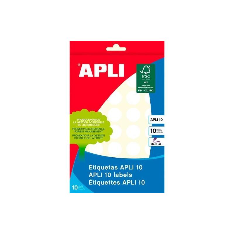 Pack De 10 Unidades Apli Etiquetas Adhesivas Circulares Ø19mm Escritura Manual 40 X 10h Blanco