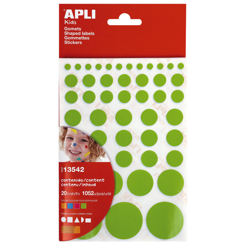 Pack De 10 Unidades Apli Gomets Adhesivo Permanente - 1052 Gomets Por Bolsa - Desarrollo De Habilidades Creativas Y Psicomotrices - Cumple Normas En-71 Y Fsc - Diferentes Formas Y Tamaños - Colores Surtidos