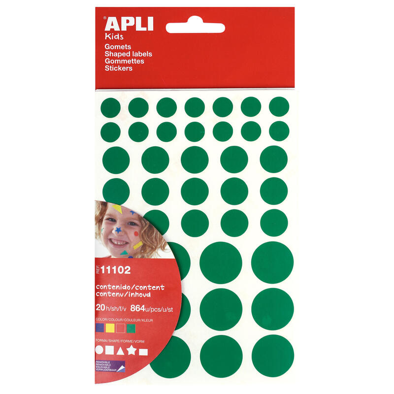 Pack De 10 Unidades Apli Gomets Adhesivo Removible - 864 Gomets Por Bolsa - Diferentes Colores, Formas Y Tamaños - Desarrollo De Habilidades - Normas En-71 Y Fsc