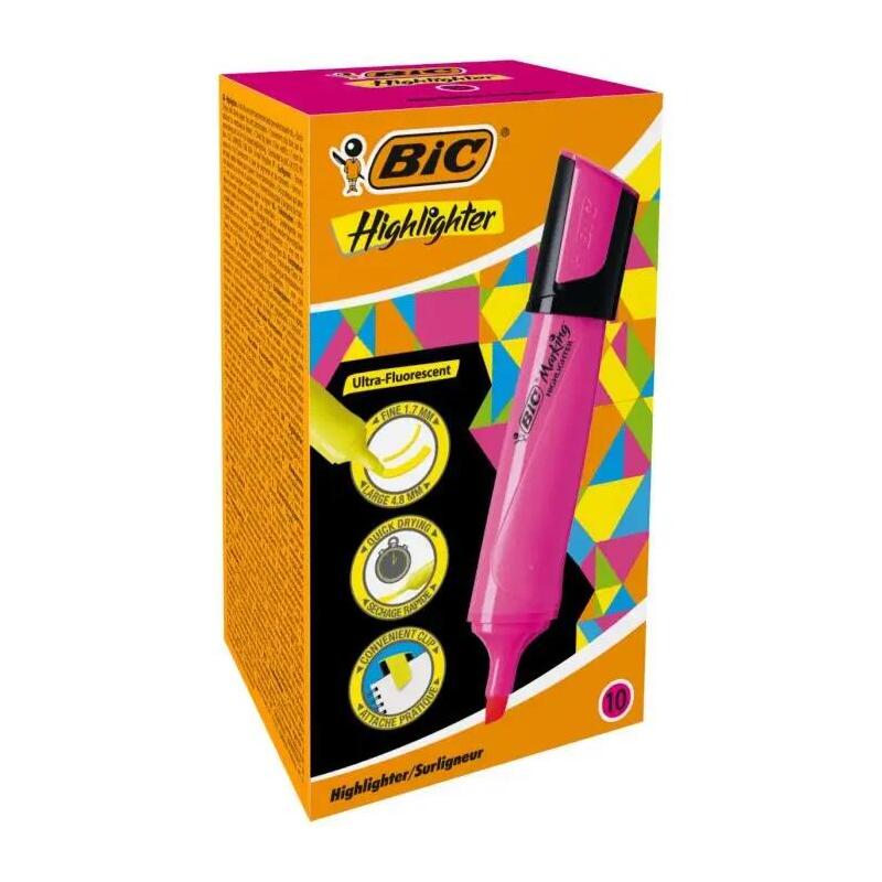 Pack De 10 Unidades Bic Marking Highlighter Flat Marcador Fluorescente - Punta Biselada - Trazo Entre 1.70 Y 4.80 Mm - Tinta Con Base De Agua - Color Rosa