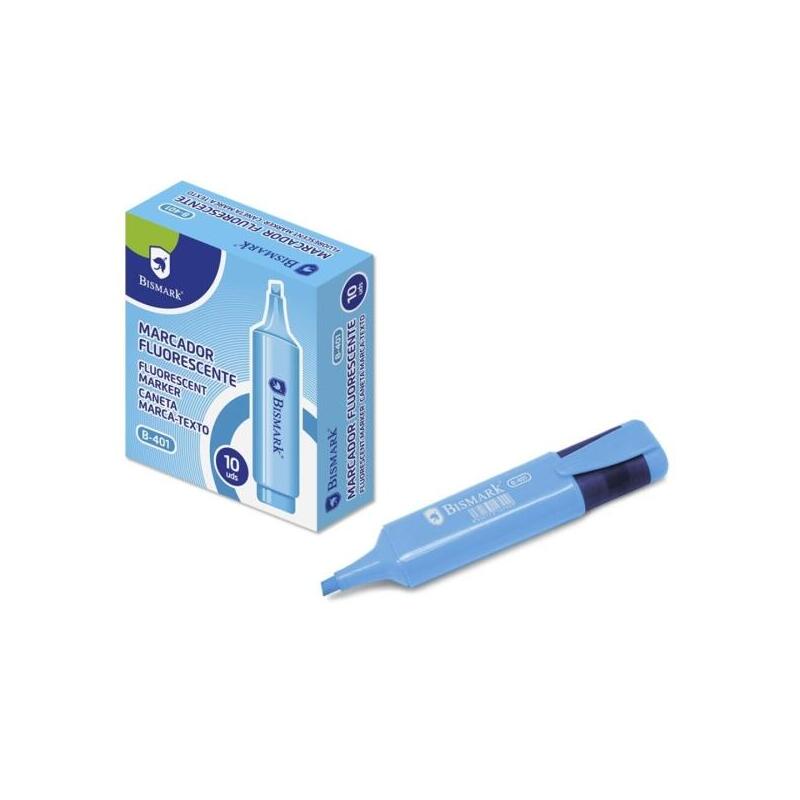 Pack De 10 Unidades Bismark Marcador Fluorescente - Punta Biselada 1 - 5mm Aprox - Tinta Base De Agua - Azul