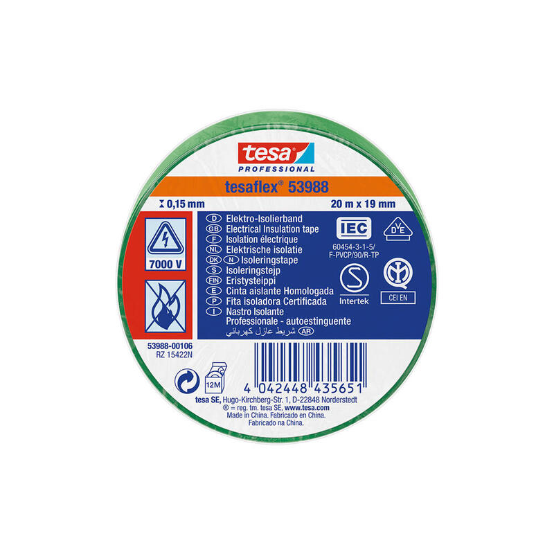 Pack De 10 Unidades - Cinta Aislante Homologada Verde 20m X 19mm 53988 Tesa