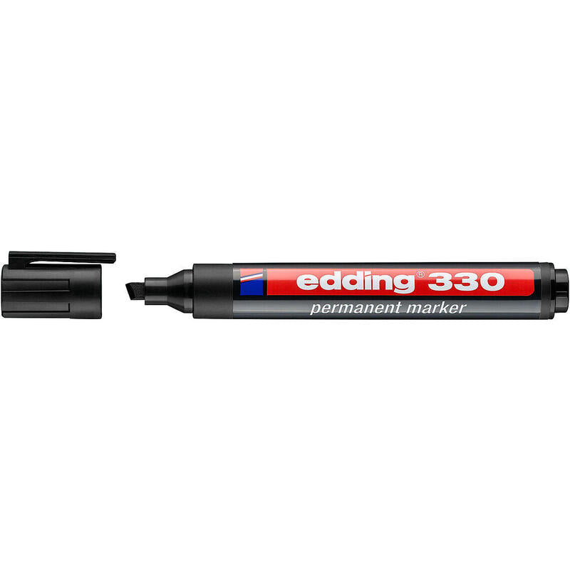 Pack De 10 Unidades Edding 330 Rotulador Permanente Punta Biselada - Trazo Entre 1 Y 5 Mm. - Tinta Casi Inodora - Capuchon Con Clip - Secado Rapido - Color Negro