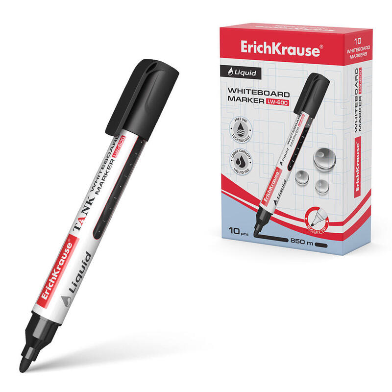 Pack De 10 Unidades Erichkrause Marcador Para Pizarra Blanca Con Tinta Liquida Liquid Lw-600 - Tecnologia Free Ink - Punta En Forma De Bala - Tinta A Base De Alcohol - Color Negro