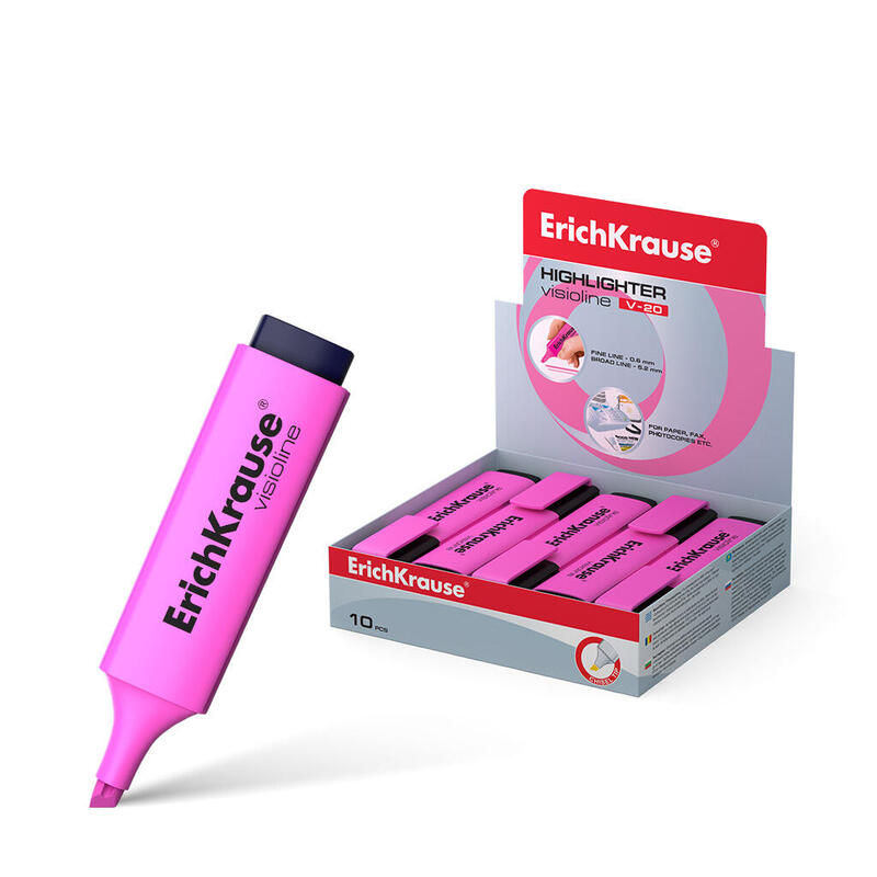 Pack De 10 Unidades Erichkrause Visioline V-20 - Marcador De Texto Con Punta Biselada - Tinta Fluorescente A Base De Agua - Color Rosa