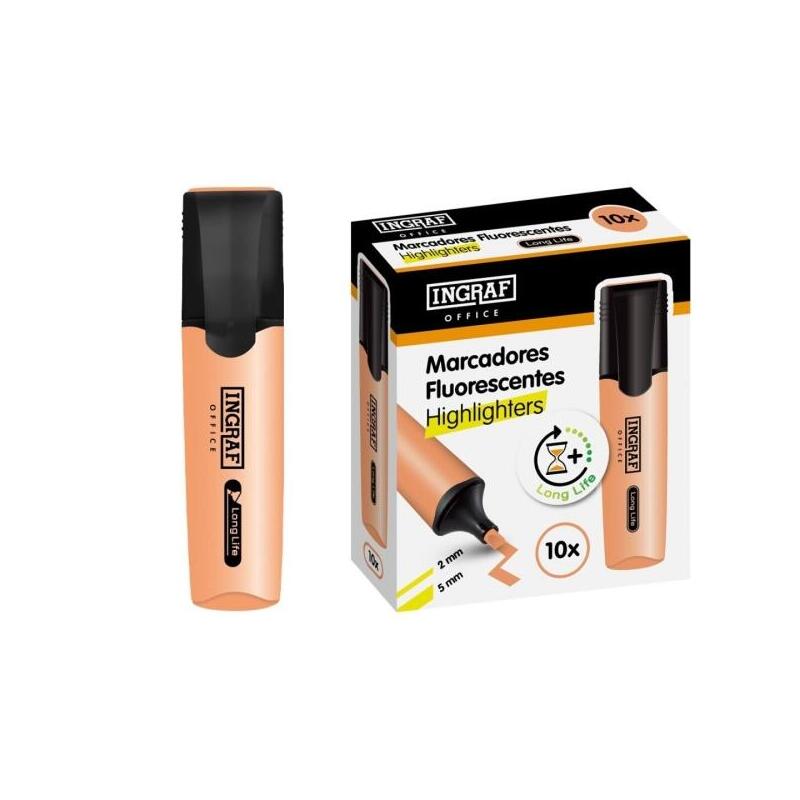 Pack De 10 Unidades Ingraf Long-Life Marcador Fluorescente - Punta Biselada - Trazo 2-5mm - Tinta Base De Agua - Color