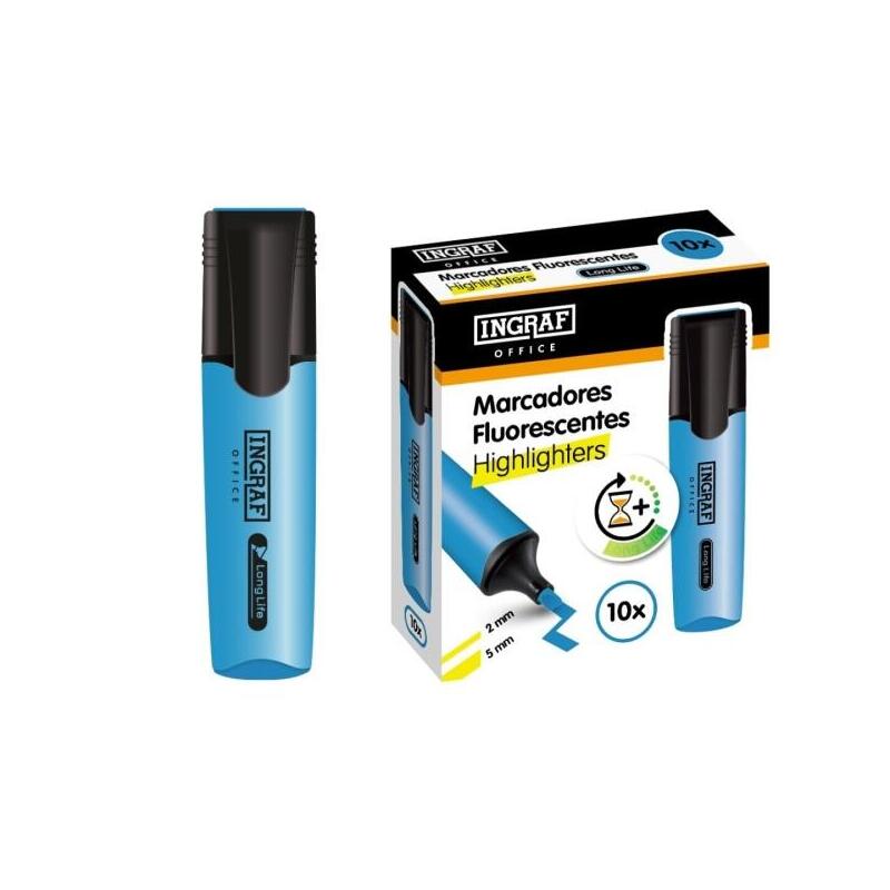 Pack De 10 Unidades Ingraf Long-Life Marcador Fluorescente - Punta Biselada - Trazo 2-5mm - Tinta Base De Agua - Color