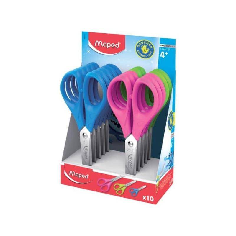 Pack De 10 Unidades Maped Essentials Zurdos Tijera Escolar Punta Redonda 13cm - Hojas De Acero Inoxidable - Mango De