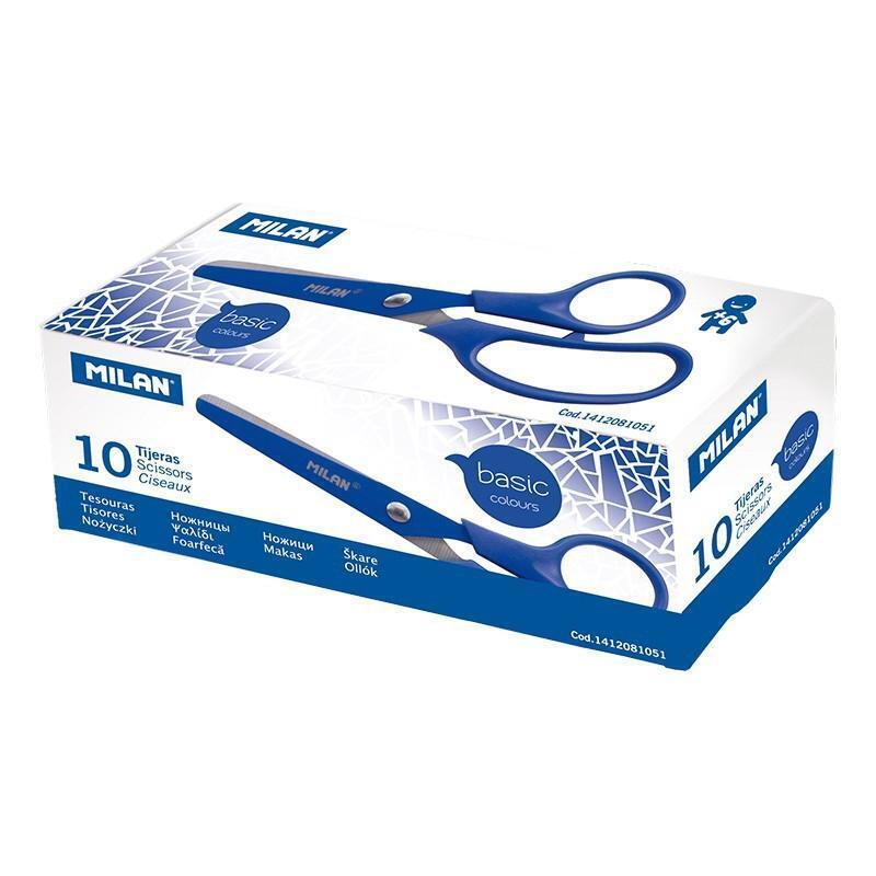 Pack De 10 Unidades Milan Tijeras Basic Colours Diestros 13,4cm Asimétricas Azul