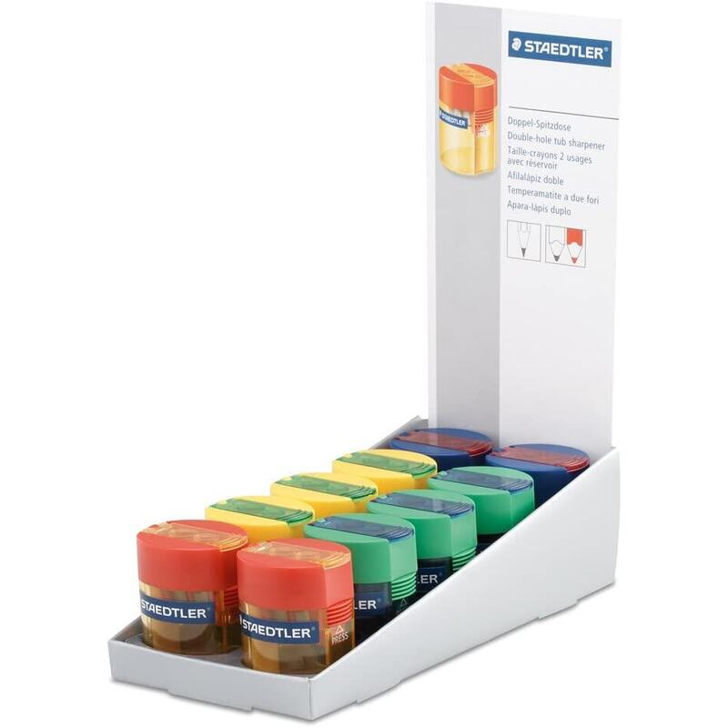 Pack De 10 Unidades Staedtler 512 006 Expositor Con 10 Sacapuntas Con Deposito - Hasta 8.2mm Y 10.2mm - 2 Agujeros - Angulo De Afilado 23º