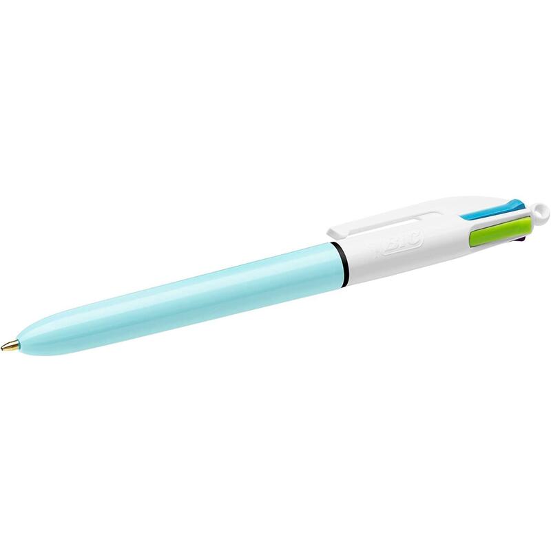 Pack De 12 Unidades Bic 4 Colours Fun Boligrafo De Bola Retractil - Punta Media De 1.0mm - Tinta Con Base De Aceite - Tinta De Colores: Rosa, Morado, Turquesa Y Verde Lima - Cuerpo Azul Claro/Blanco