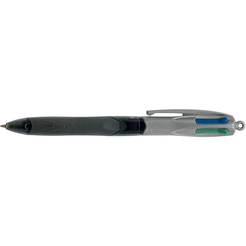 Pack De 12 Unidades Bic 4 Colours Grip Pro Boligrafo De Bola Retractil Con Grip - Punta Media De 1mm - Trazo De 0.4mm - Tinta Con Base De Aceite - Cuerpo Gris/Negro Transparente - 4 Colores