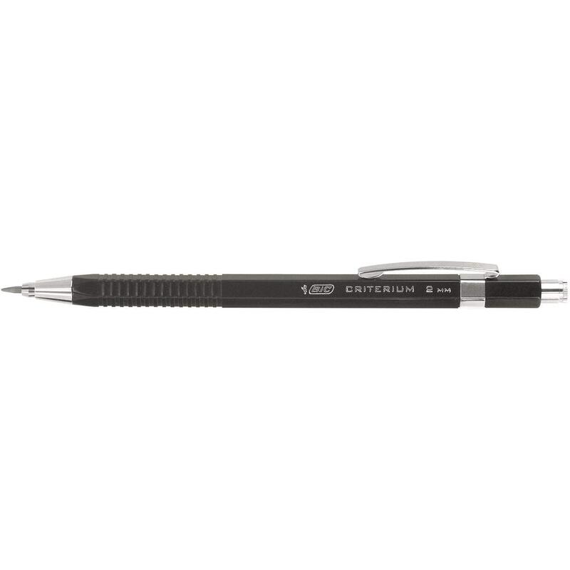 Pack De 12 Unidades Bic Criterium Portaminas 2mm Hb Con Goma - Punta Retractil - Clip Metalico - Cuerpo De Color Negro