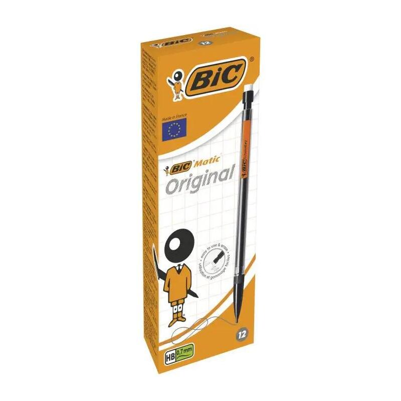 Pack De 12 Unidades Bic Matic Original Fine Portaminas 0.5mm Hb Con Goma - Punta Retractil - Cuerpo De Colores Surtidos