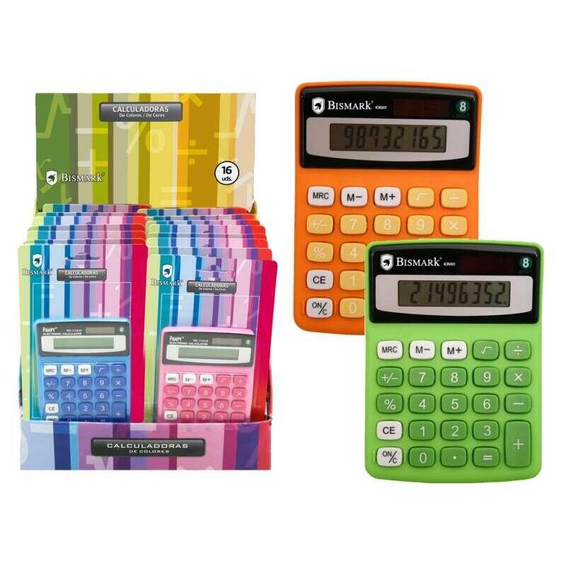 Pack De 12 Unidades Bismark Expositor De 16 Calculadoras Escolares De 8 Digitos - Funciones Basicas Y Memoria -