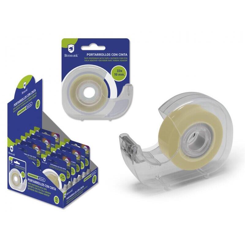 Pack De 12 Unidades Bismark Portarrollos Con Cinta Adhesiva Transparente - Cuerpo De Plastico - Incluye Cinta De 33