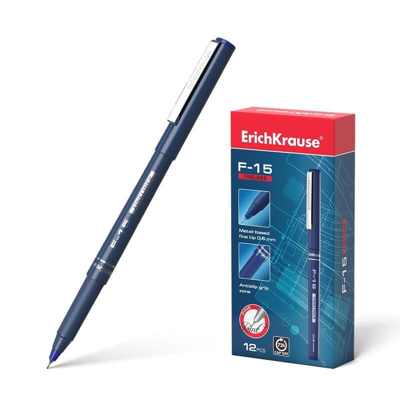 Pack De 12 Unidades Erichkrause Boligrafo F-15 De Trazo Fino - Clip Metalico - Conviene Para Cualquier Tipo De Papel - Cuerpo Opaco Redondo - Color Azul