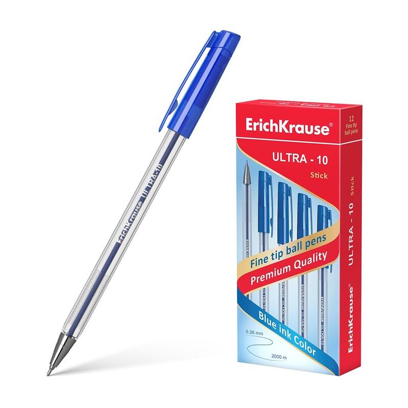 Pack De 12 Unidades Erichkrause Boligrafo Ultra-10 - Punta Metalica De Tipo Aguja - Cuerpo Hexagonal Transparente - Tinta De Baja Viscosidad - Color Azul