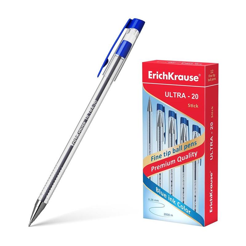Pack De 12 Unidades Erichkrause Boligrafo Ultra-20 - Punta Metalica De Tipo Aguja - Cuerpo Redondo Transparente Con Grip - Tinta De Baja Viscosidad - Color Azul