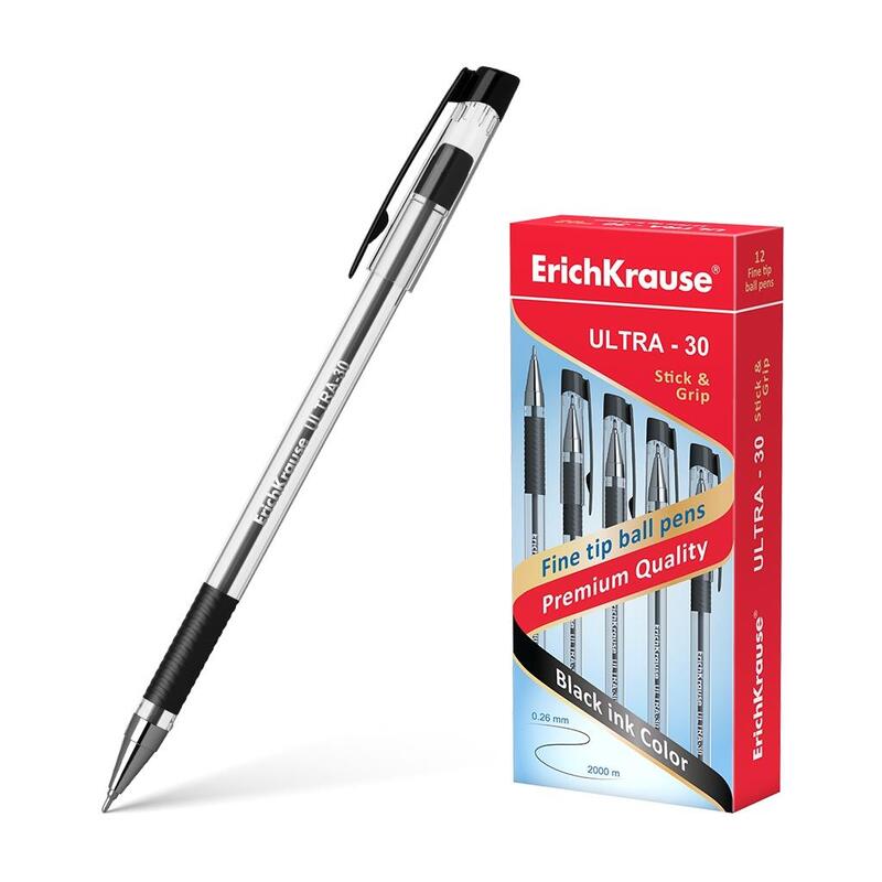Pack De 12 Unidades Erichkrause Boligrafo Ultra-30 - Recargable Con Punta Fina Fine Tip - Cuerpo Transparente Con Agarre De Goma - Tinta De Secado Rapido - Color Azul