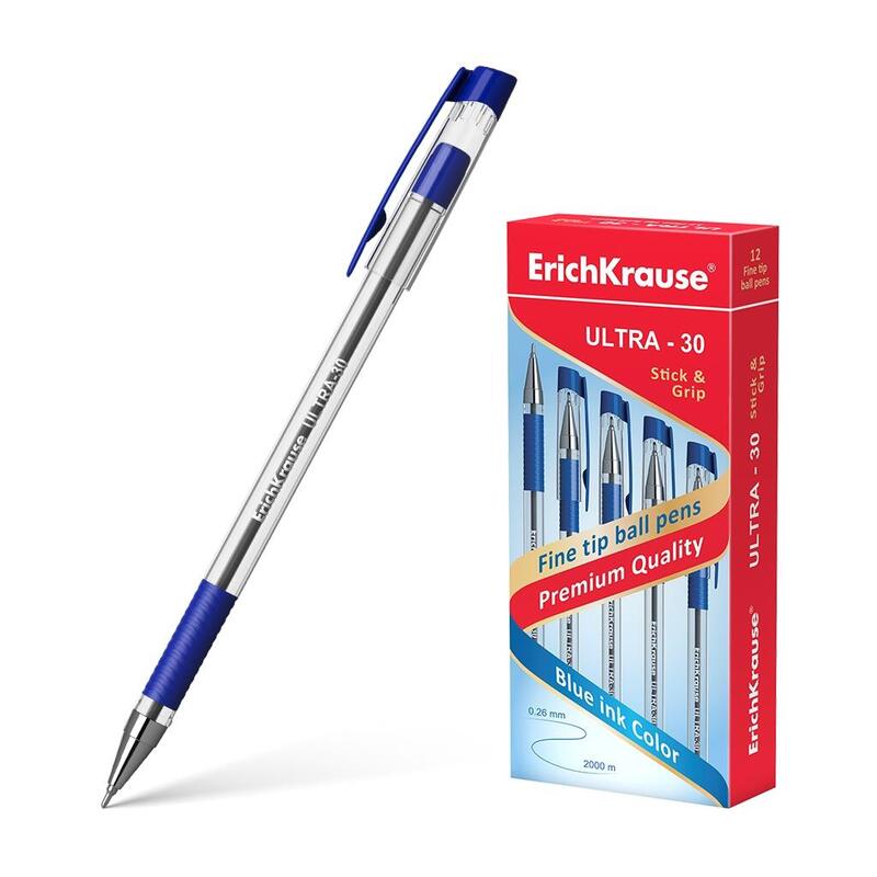 Pack De 12 Unidades Erichkrause Boligrafo Ultra-30 - Recargable Con Punta Fina Fine Tip - Cuerpo Transparente Con Agarre De Goma - Tinta Color Negro - 2000m De Escritura Precisa Y Rapida - Color Negro