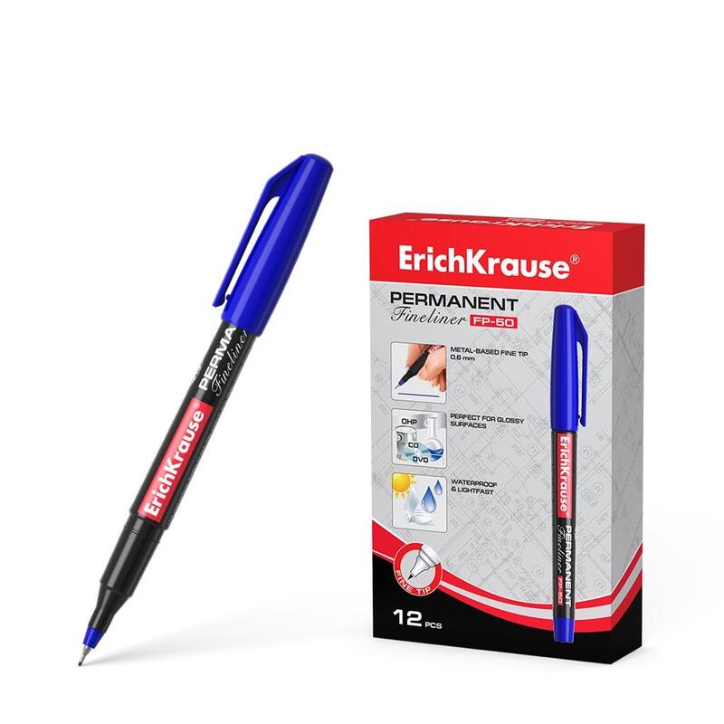 Pack De 12 Unidades Erichkrause Marcador Permanente Fp-50 - Punta Fina De 0.6mm - Resistente A La Luz Y Al Agua - Color Azul