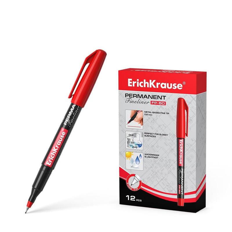 Pack De 12 Unidades Erichkrause Marcador Permanente Fp-50 - Punta Fina De 0.6mm - Resistente A La Luz Y El Agua - Color Rojo