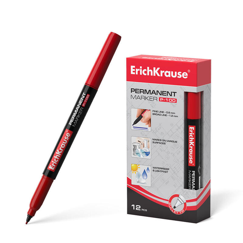 Pack De 12 Unidades Erichkrause Marcador Permanente P-100 - Punta Fina De 0.5 A 1.2mm - Resistente Al Agua Y A Los Rayos Uv - Color Rojo