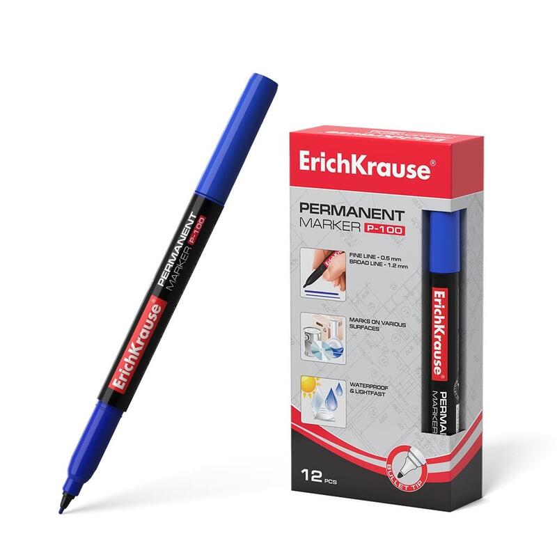 Pack De 12 Unidades Erichkrause Marcador Permanente P-100 - Punta Fina Resistente Al Daño - Tinta A Base De Alcohol - Color Azul