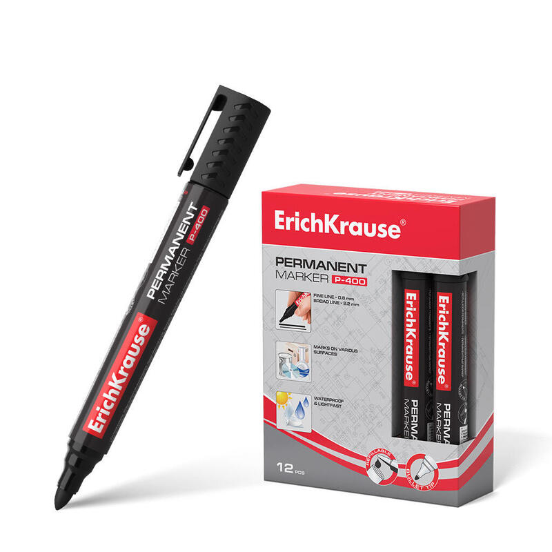 Pack De 12 Unidades Erichkrause Marcador Permanente P-400 - Punta En Forma De Bala - Resistente A Multiples Superficies - Color Negro