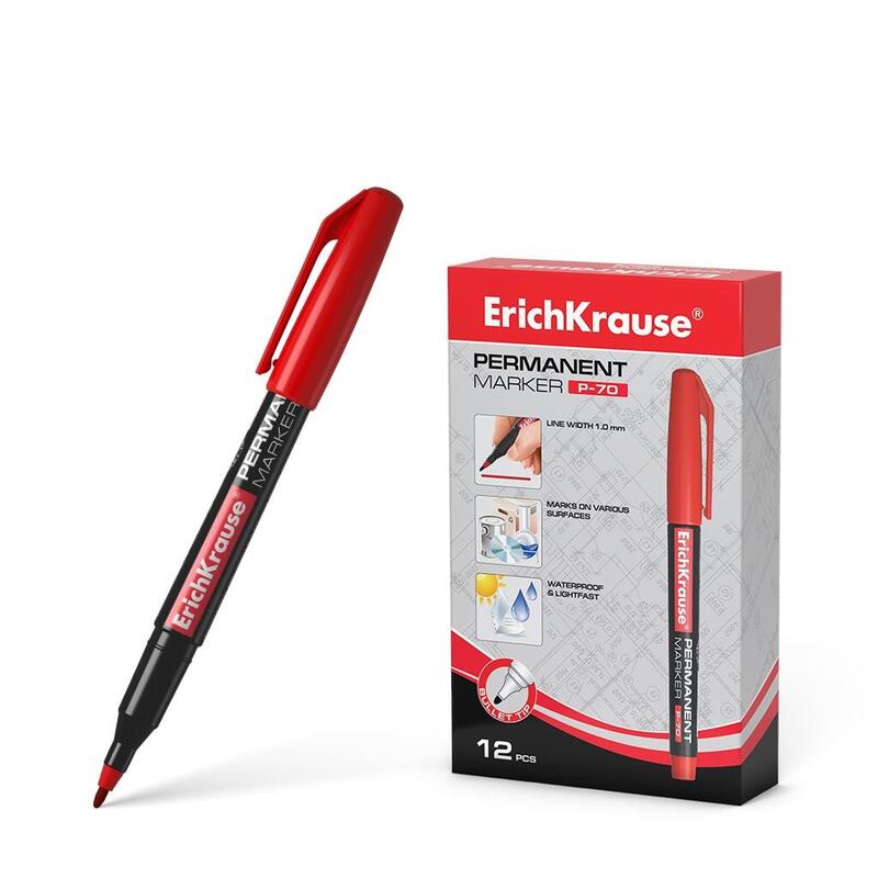Pack De 12 Unidades Erichkrause Marcador Permanente P-70 - Punta De Bala De 1.0mm - Resistente Al Agua Y A La Luz - Color Rojo