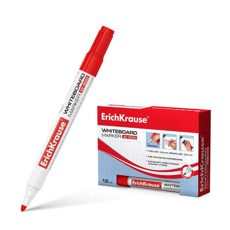 Pack De 12 Unidades Erichkrause Marcador Pizarra W-500 - Punta En Forma De Bala Resistente Al Daño - Ancho De Escritura De 08 A 25mm - Tinta A Base De Alcohol - Color Rojo