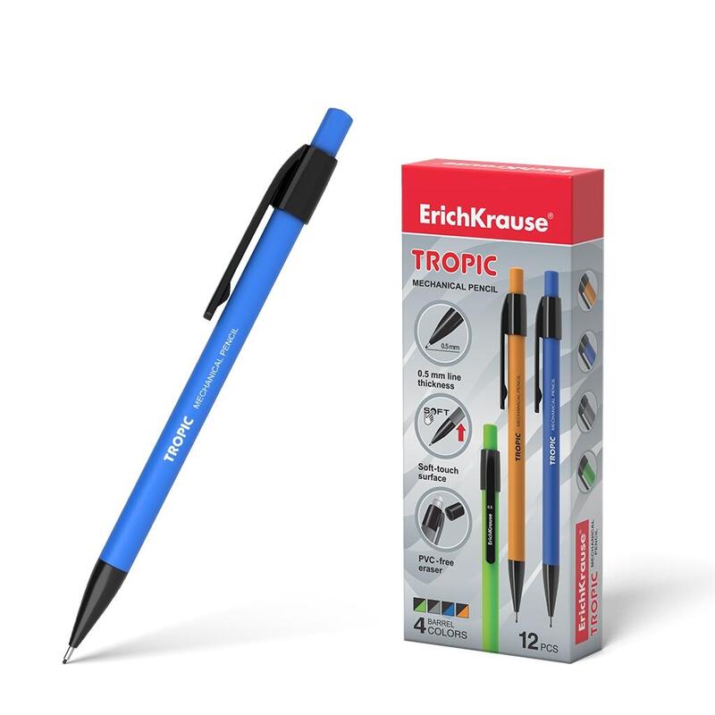 Pack De 12 Unidades Erichkrause Tropic Portaminas - Boquilla Retractil Y Revestimiento Soft Touch - Colores Mate Brillantes - Con Borrador Y Capuchon - Clip Comodo - Dureza Hb - Minas De 0.5mm - Color Negro