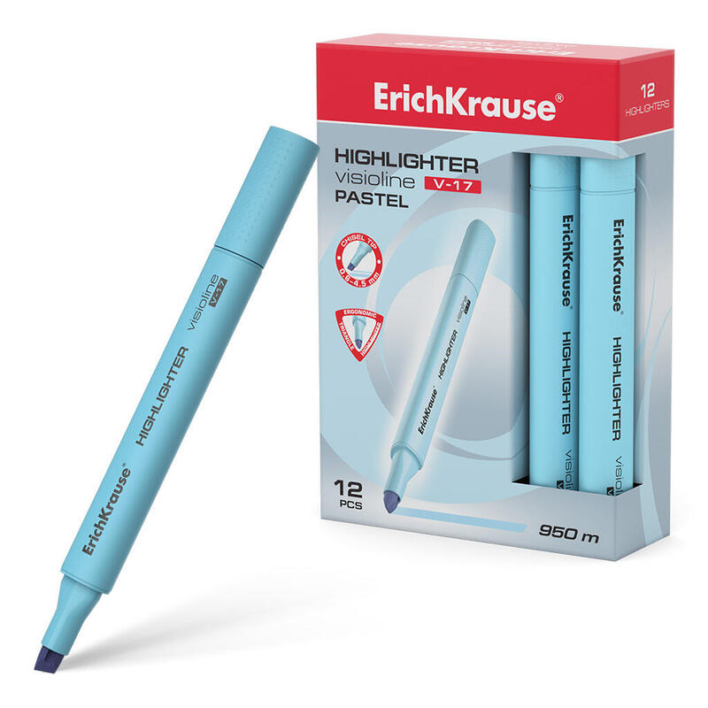 Pack De 12 Unidades Erichkrause Visioline V-17 Pastel - Marcador De Texto Con Punta Biselada - Tinta Fluorescente A Base De Agua - Color Azul