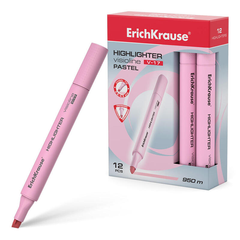 Pack De 12 Unidades Erichkrause Visioline V-17 Pastel - Marcador De Texto - Punta Biselada - Tinta A Base De Agua - Color Rosa