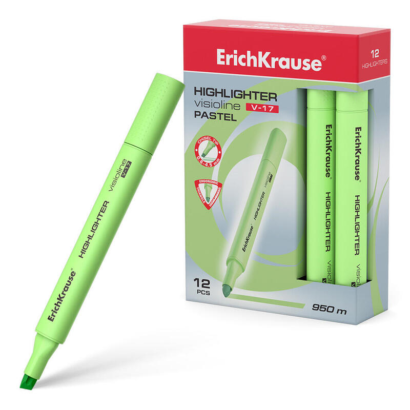 Pack De 12 Unidades Erichkrause Visioline V-17 Pastel - Marcador De Texto - Punta Biselada - Tinta Fluorescente A Base De Agua - Color Verde