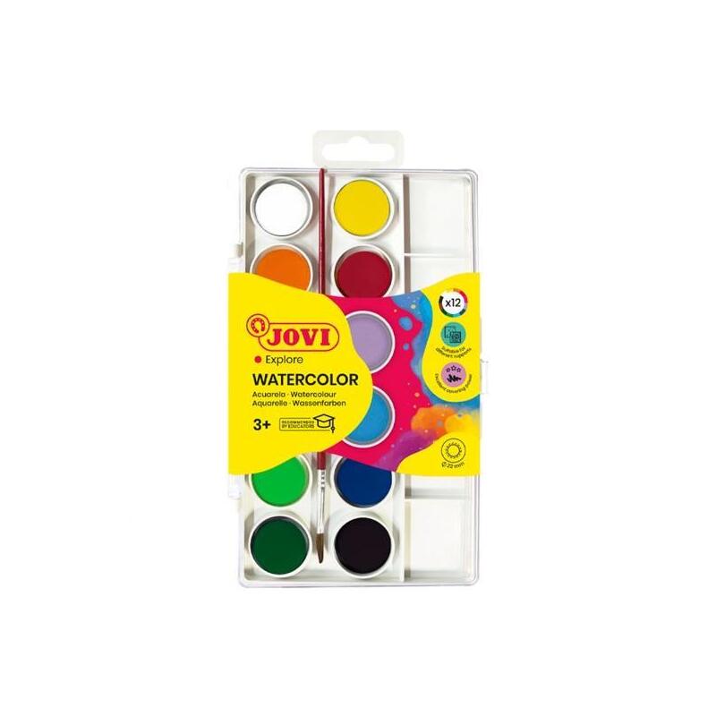 Pack De 12 Unidades Jovi Acuarelas En Pastillas 22mm Con Pincel Colores Surtidos Estuche 12 Ud