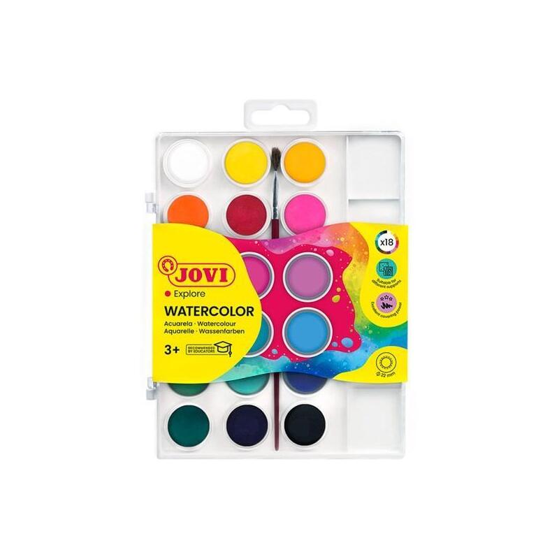 Pack De 12 Unidades Jovi Acuarelas En Pastillas 22mm Con Pincel Colores Surtidos Estuche 18 Ud