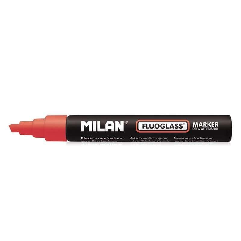 Pack De 12 Unidades Milan Fluoglass Rotulador Superficies Lisas (No Porosas) - Punta Biselada - Trazo De 2 A 4mm -