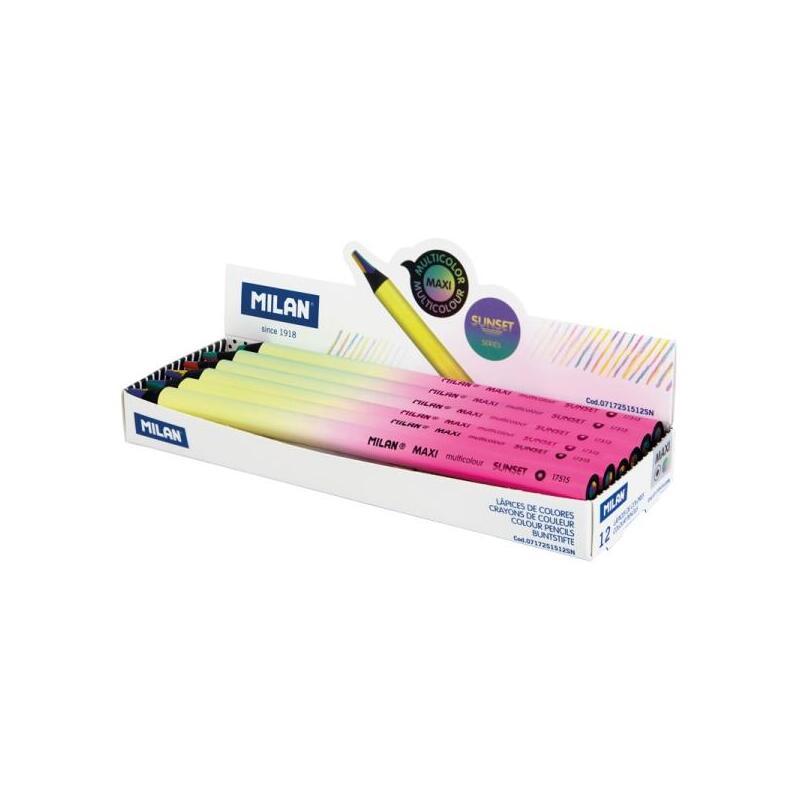 Pack De 12 Unidades Milan Maxi Sunset Lapiz Mina 5mm Multicolor - La Mina Contiene 4 Colores: Amarillo, Rosa, Verde Y