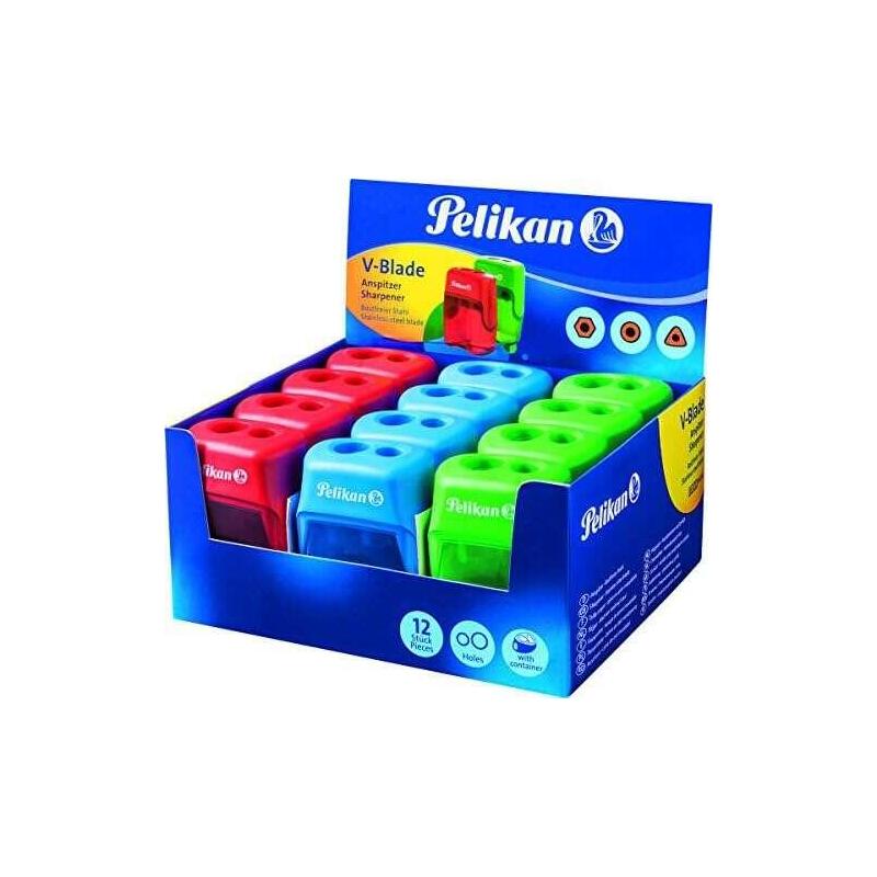 Pack De 12 Unidades Pelikan Expositor De 12 Sacapuntas V-Blade Doble Orificio + Deposito - Dos Orificios Y Deposito -