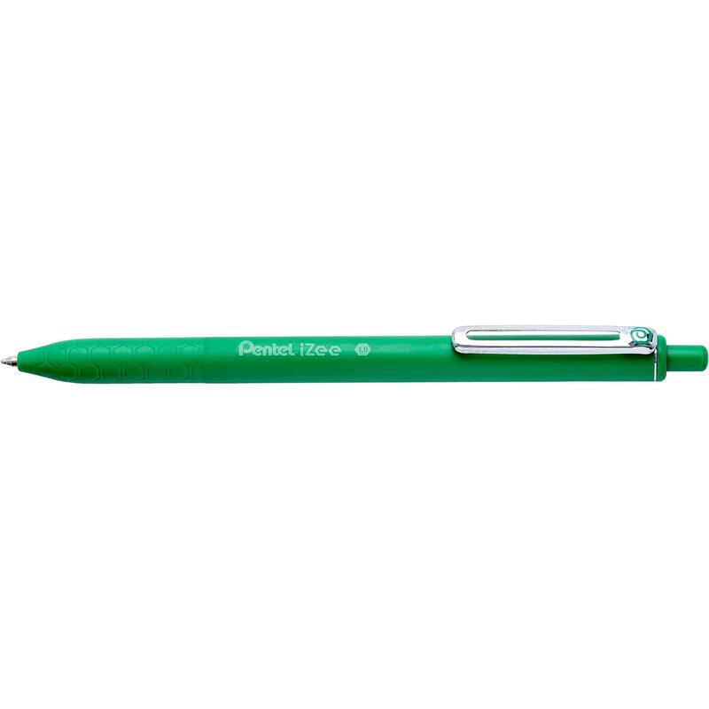 Pack De 12 Unidades Pentel Izee Boligrafo De Bola Retractil - Punta 0.7mm - Trazo 0.35mm - Clip De Metal - Color Verde