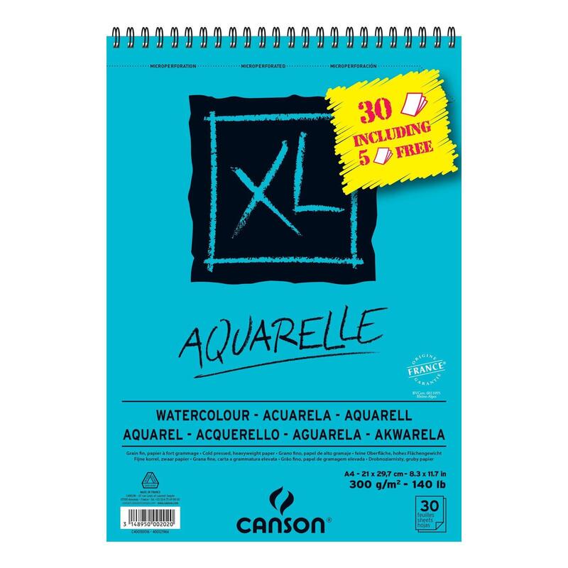 Pack De 15 Unidades Canson Bloc Acuarela Aquarelle Fino Xl Espiral 25 + 5(Gratis) Hojas 300gr 21x29,7cm -