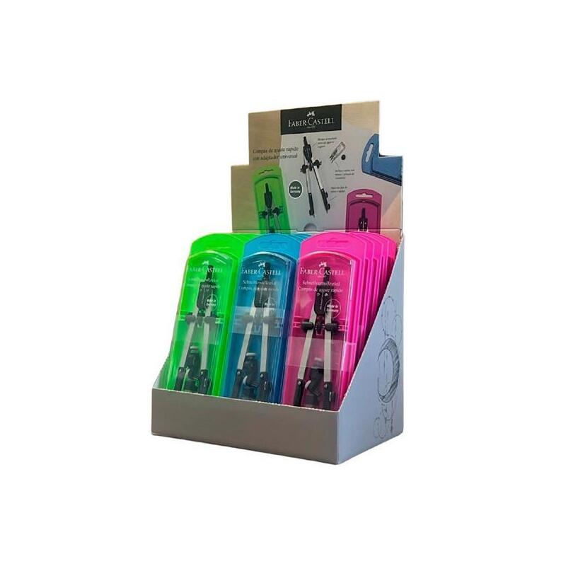 Pack De 15 Unidades Faber Castell Compas Técnico Ajuste Rápido Adaptador Universal 17cm C/Recambio Neón Colores Surtidos